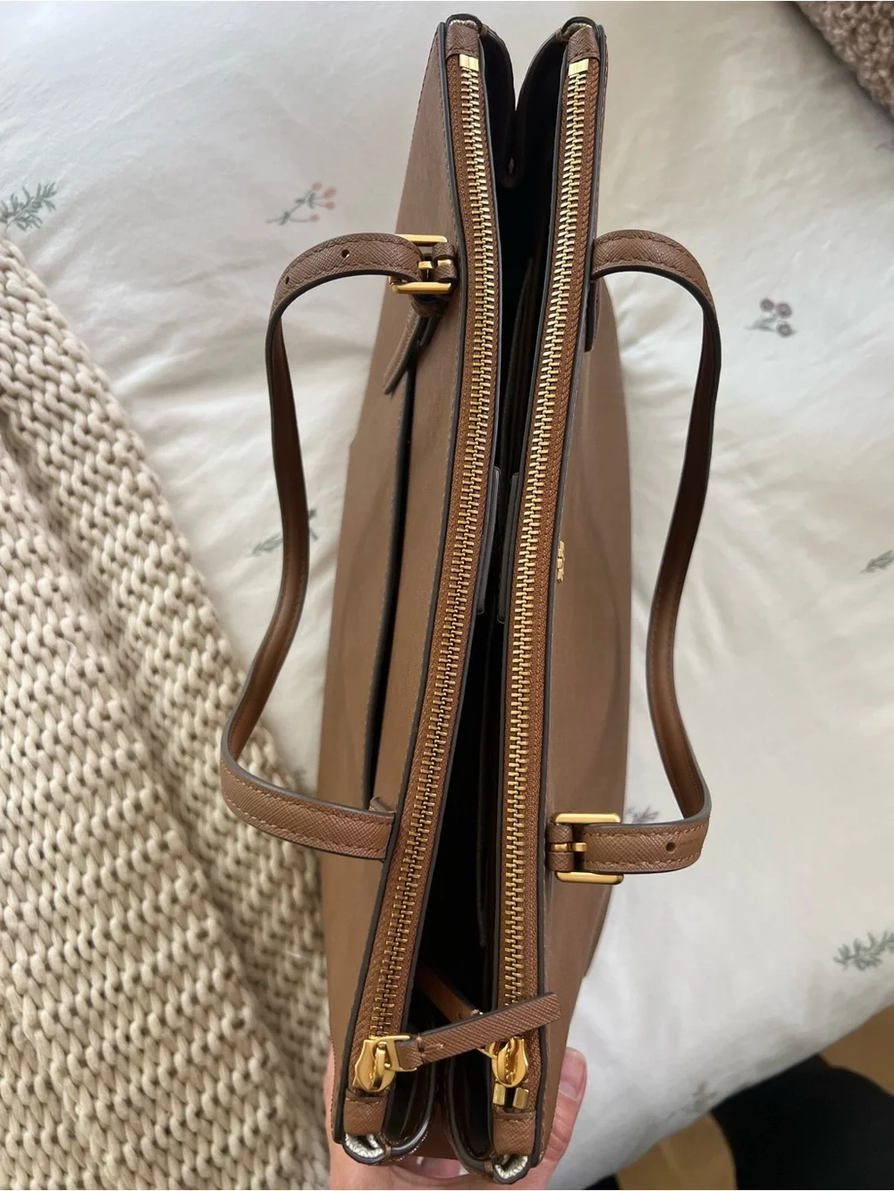 Tory Burch Cognac Saffiano Leather Tote with Gold Logo